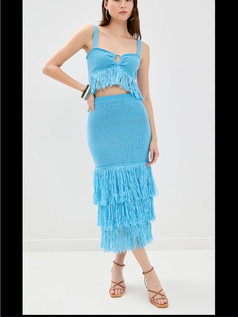 SAYLOR Blue Fringe Knit Midi Skirt set